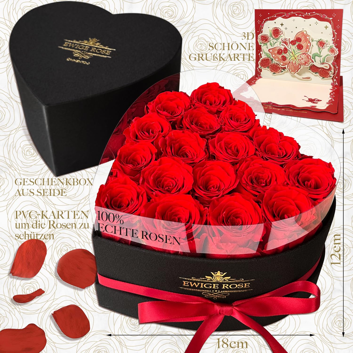 QHHENTOO 17 Infinity Rosen, Ewige Rot Rose Geschenke fĂŒr Frauen, Konservierte Rose in Herzbox fĂŒr Frauen Mutter zum Geburtstag Jahrestag Valentinstag Muttertag Weihnachten Hochzeitstag Rosenbox