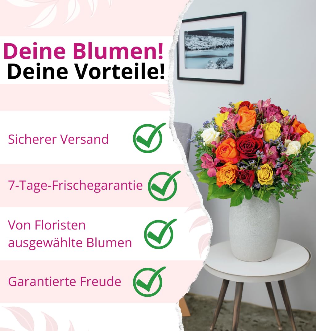 Blumenstrauß "Liebeszauber", Rosaroter Rosenstrauß, Rosen, Waxflowers und Johanniskraut, 7-Tage-Frischegarantie, Qualität vom Floristen, handgebunden, perfekte Geschenkidee