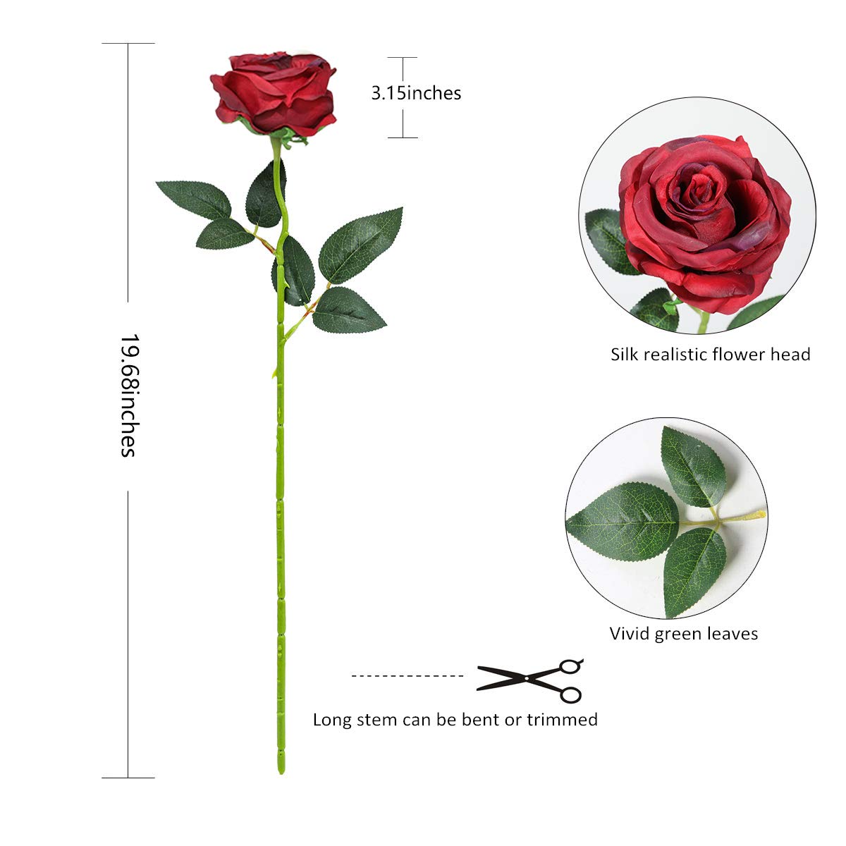 Tifuly 12 PCS Künstliche Rosen, 19,68 '' Single Long Stem Fake Rose Seide Braut Hochzeitsstrauß Realistische Blume für Hausgarten Party Hotel Büro Dekor (Blüten Rosen,Burgund)