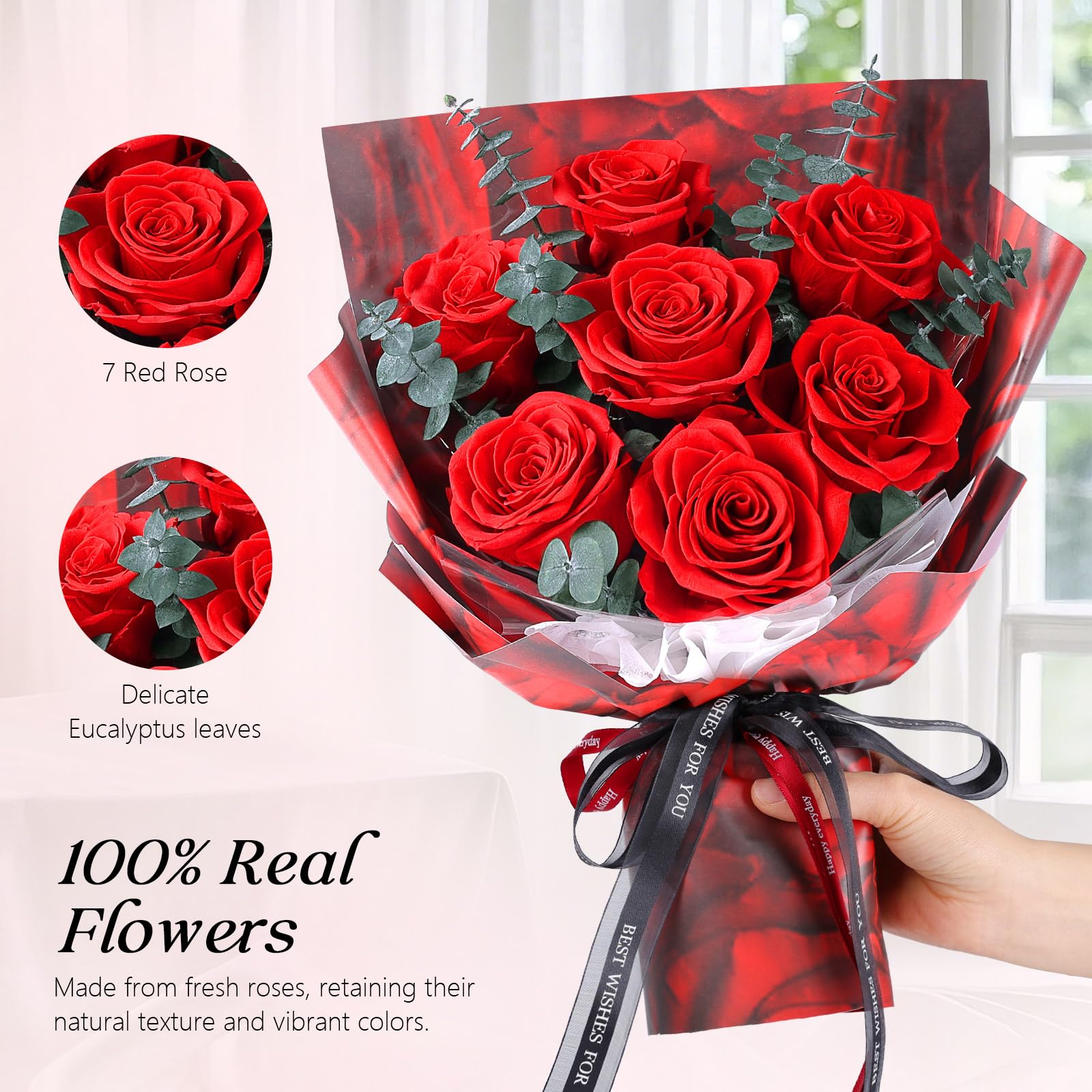 7 Rosenstrauß mit Vase, ewiger Blumenstrauß, echte konservierte rote Rosen, Jubiläums- & Geburtstagsgeschenk, Valentinstag Geschenke für sie, Geschenke für Frauen, Freundin, Ehefrau, Mama, Oma(Rot)