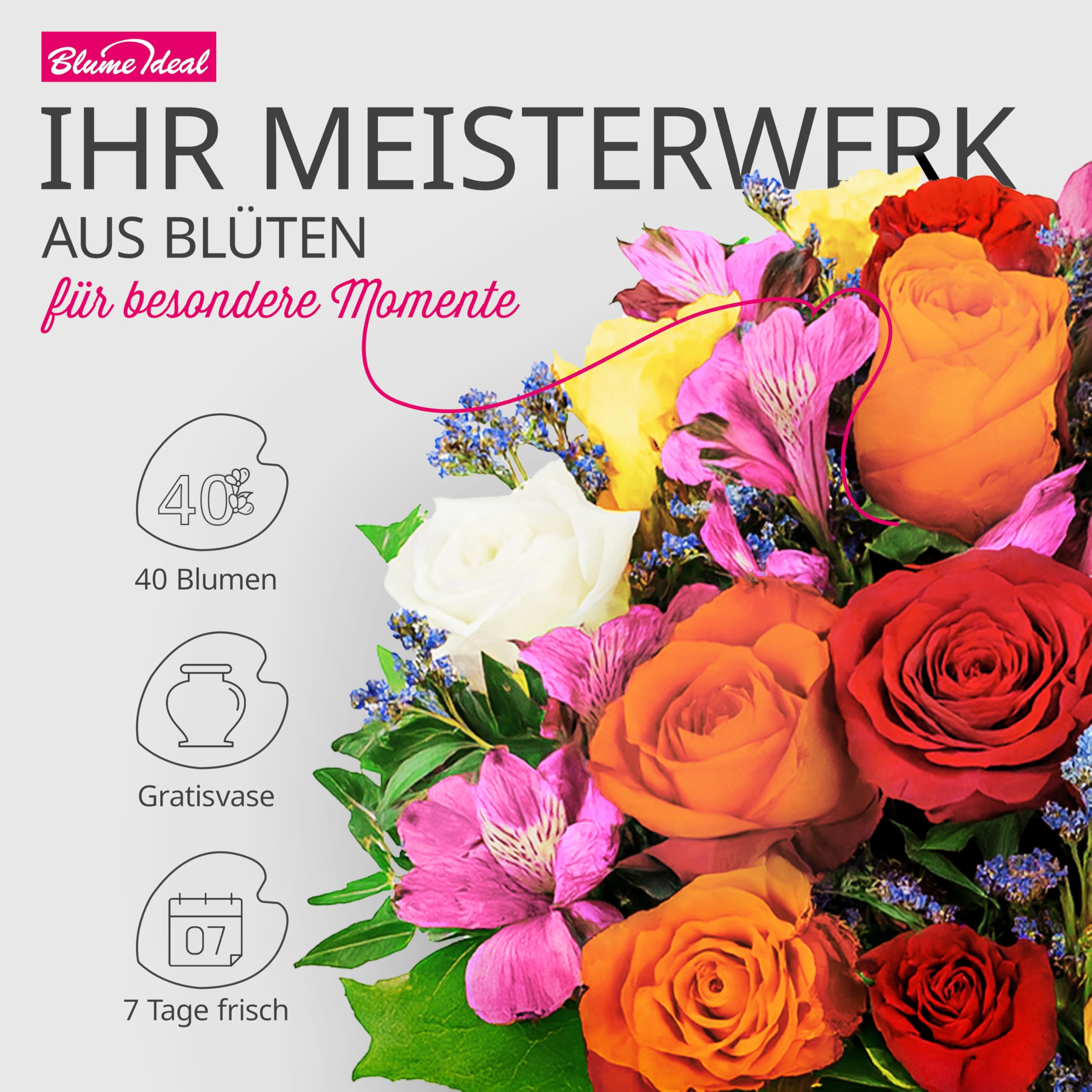 Blumenstrauß Farbtraum, Bunter mit Rosen, Inkalilien und Statice, 7-Tage-Frischegarantie, Qualität vom Floristen, handgebunden, perfekte Geschenkidee