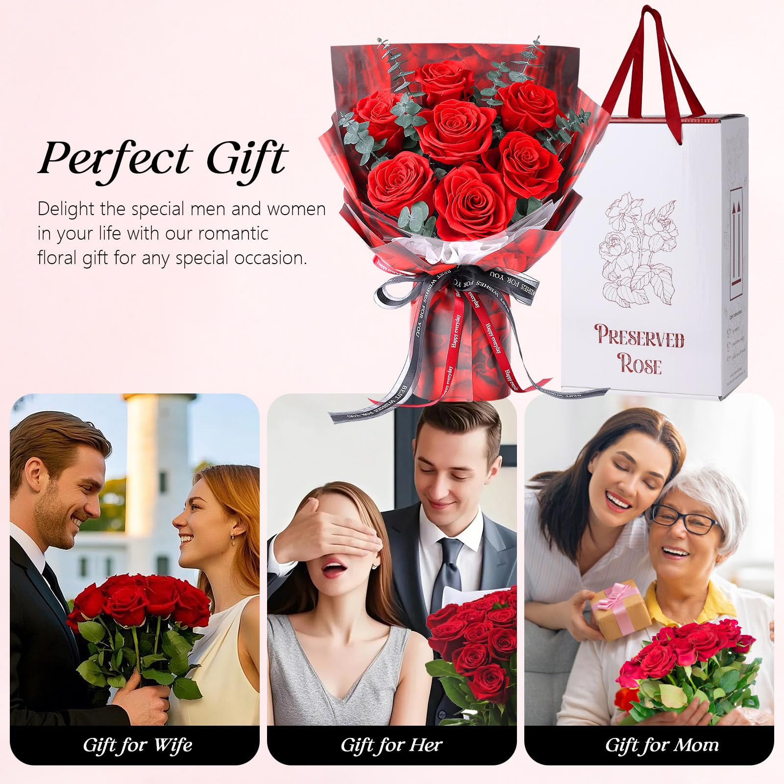 7 Rosenstrauß mit Vase, ewiger Blumenstrauß, echte konservierte rote Rosen, Jubiläums- & Geburtstagsgeschenk, Valentinstag Geschenke für sie, Geschenke für Frauen, Freundin, Ehefrau, Mama, Oma(Rot)