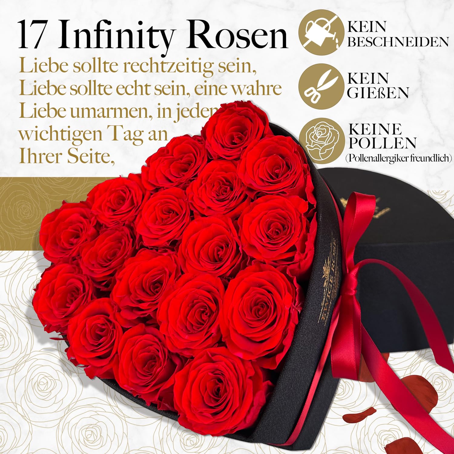 QHHENTOO 17 Infinity Rosen, Ewige Rot Rose Geschenke für Frauen, Konservierte Rose in Herzbox für Frauen Mutter zum Geburtstag Jahrestag Valentinstag Muttertag Weihnachten Hochzeitstag Rosenbox