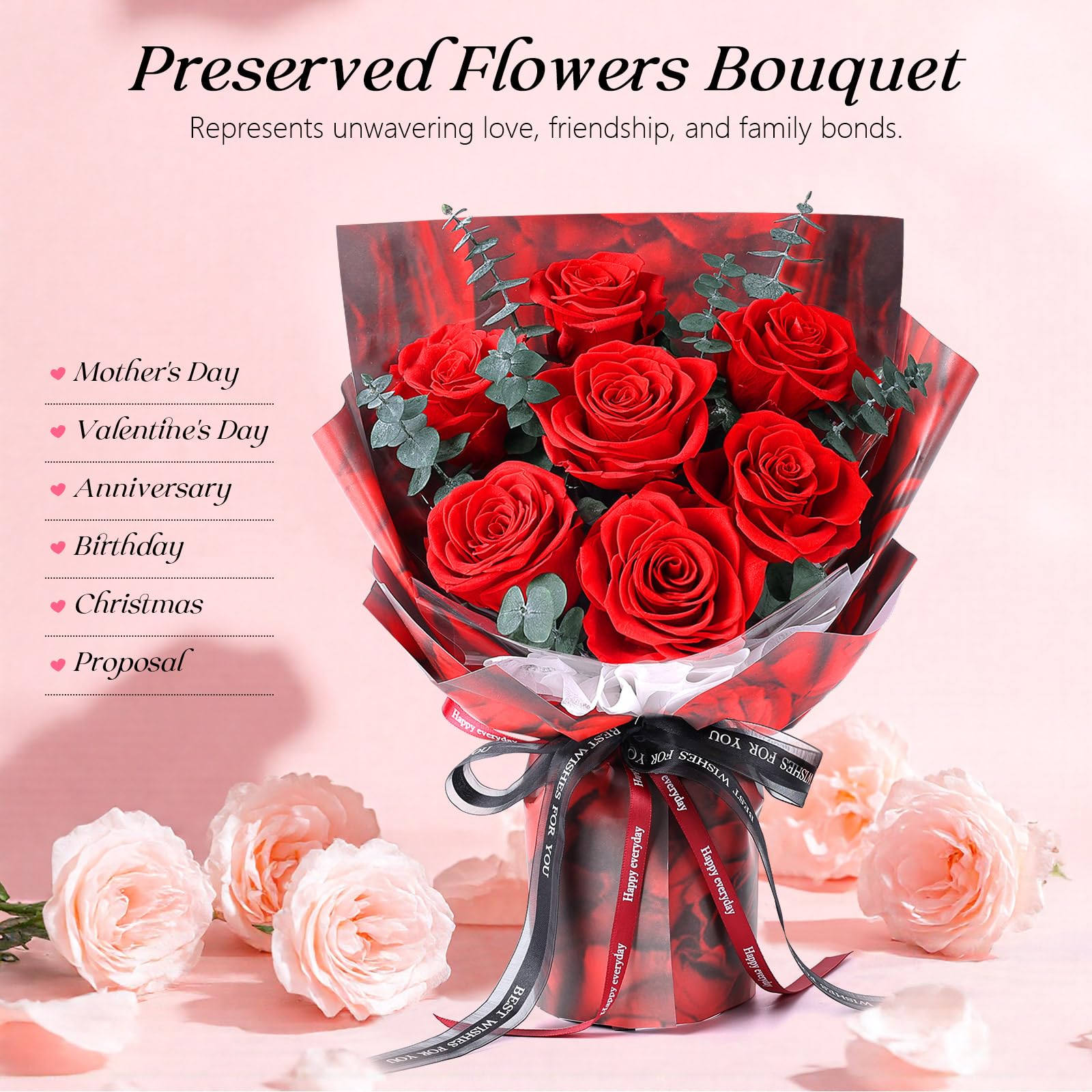 7 Rosenstrauß mit Vase, ewiger Blumenstrauß, echte konservierte rote Rosen, Jubiläums- & Geburtstagsgeschenk, Valentinstag Geschenke für sie, Geschenke für Frauen, Freundin, Ehefrau, Mama, Oma(Rot)