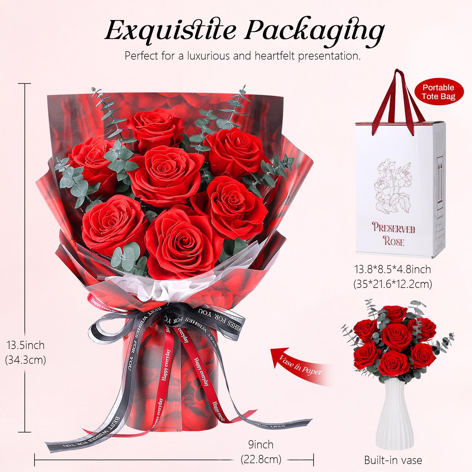 7 Rosenstrauß mit Vase, ewiger Blumenstrauß, echte konservierte rote Rosen, Jubiläums- & Geburtstagsgeschenk, Valentinstag Geschenke für sie, Geschenke für Frauen, Freundin, Ehefrau, Mama, Oma(Rot)