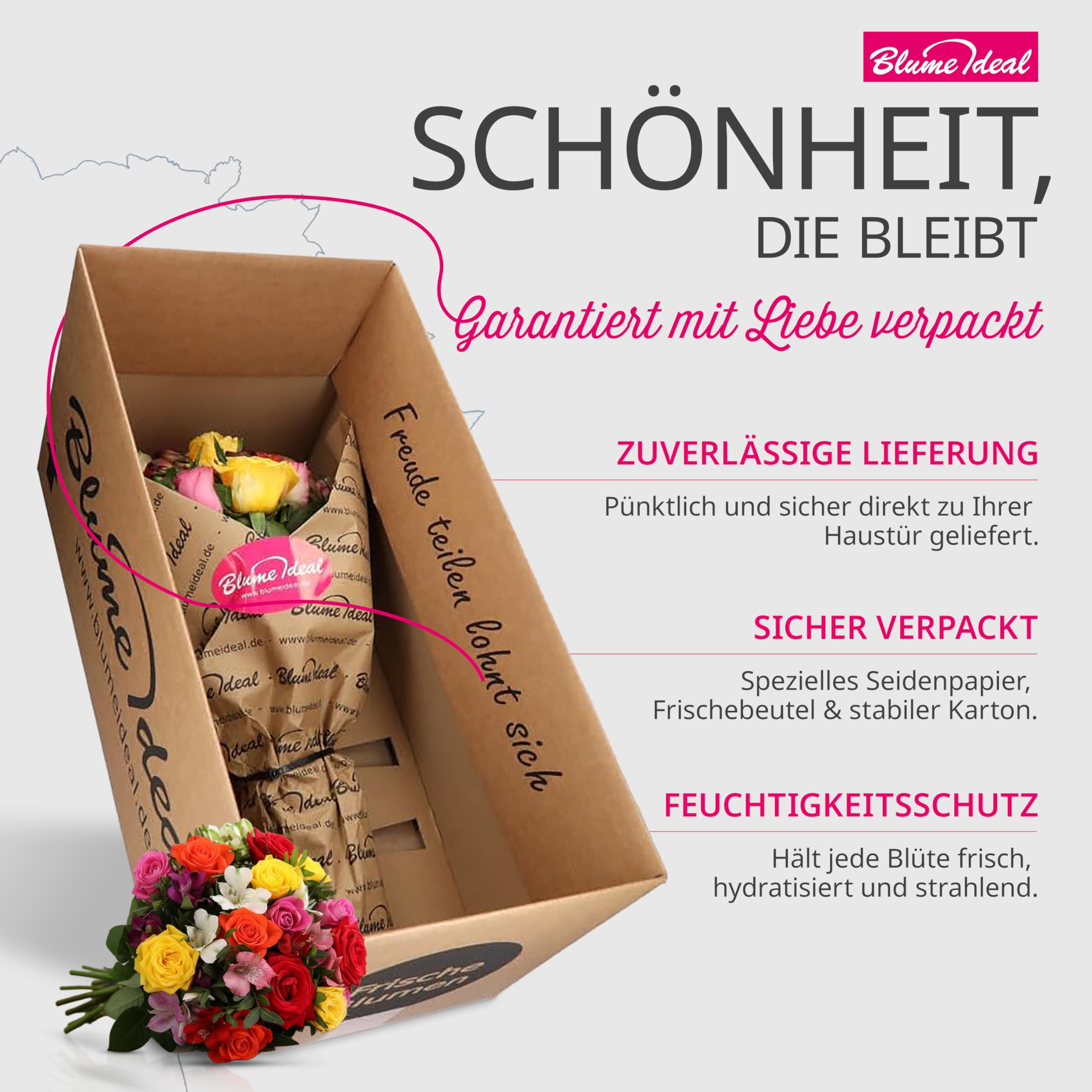 Blumenstrauß Farbtraum, Bunter mit Rosen, Inkalilien und Statice, 7-Tage-Frischegarantie, Qualität vom Floristen, handgebunden, perfekte Geschenkidee