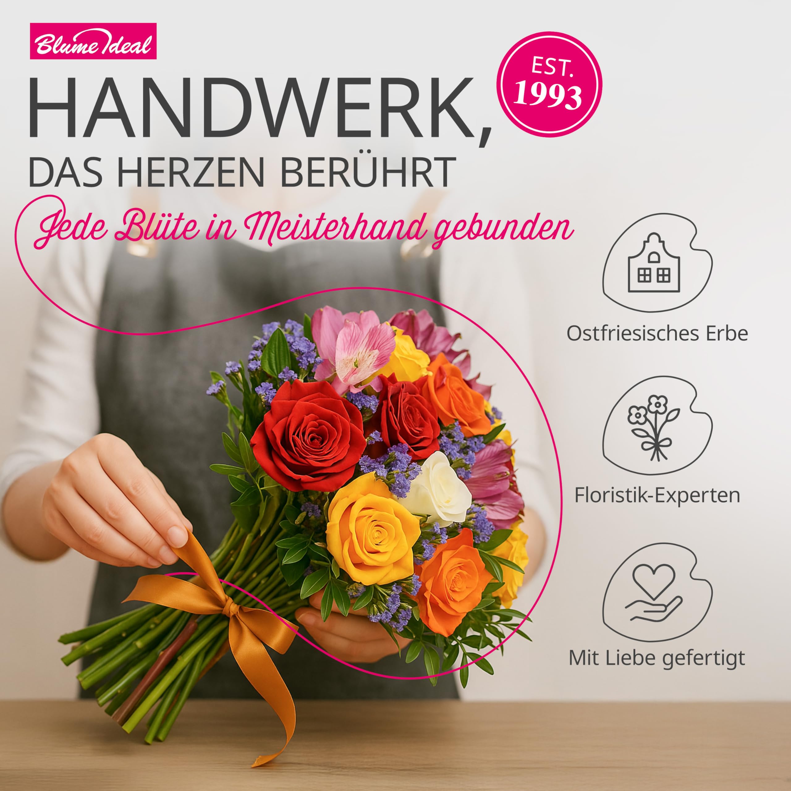 Blumenstrauß Farbtraum, Bunter mit Rosen, Inkalilien und Statice, 7-Tage-Frischegarantie, Qualität vom Floristen, handgebunden, perfekte Geschenkidee