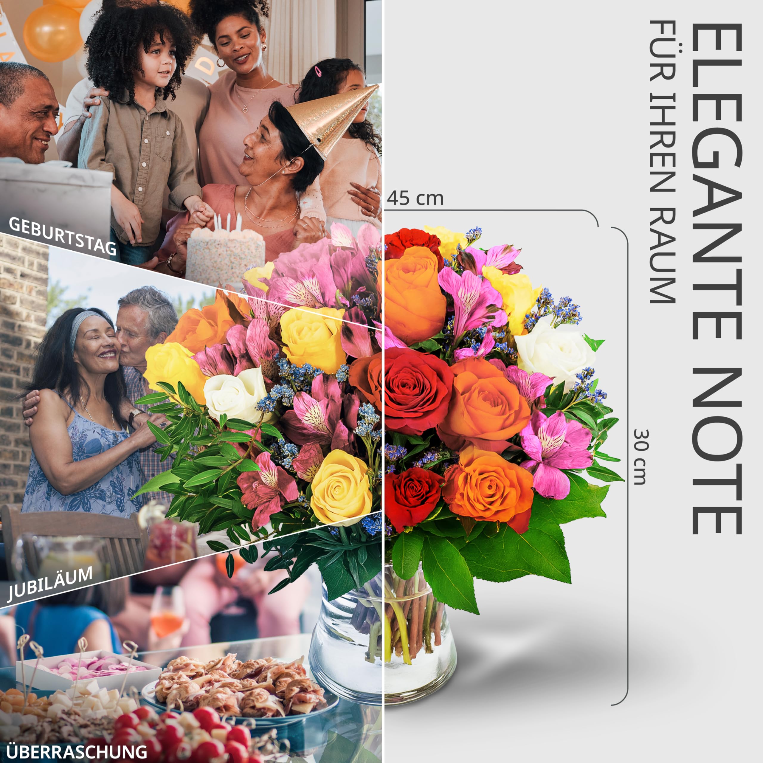 Blumenstrauß Farbtraum, Bunter mit Rosen, Inkalilien und Statice, 7-Tage-Frischegarantie, Qualität vom Floristen, handgebunden, perfekte Geschenkidee